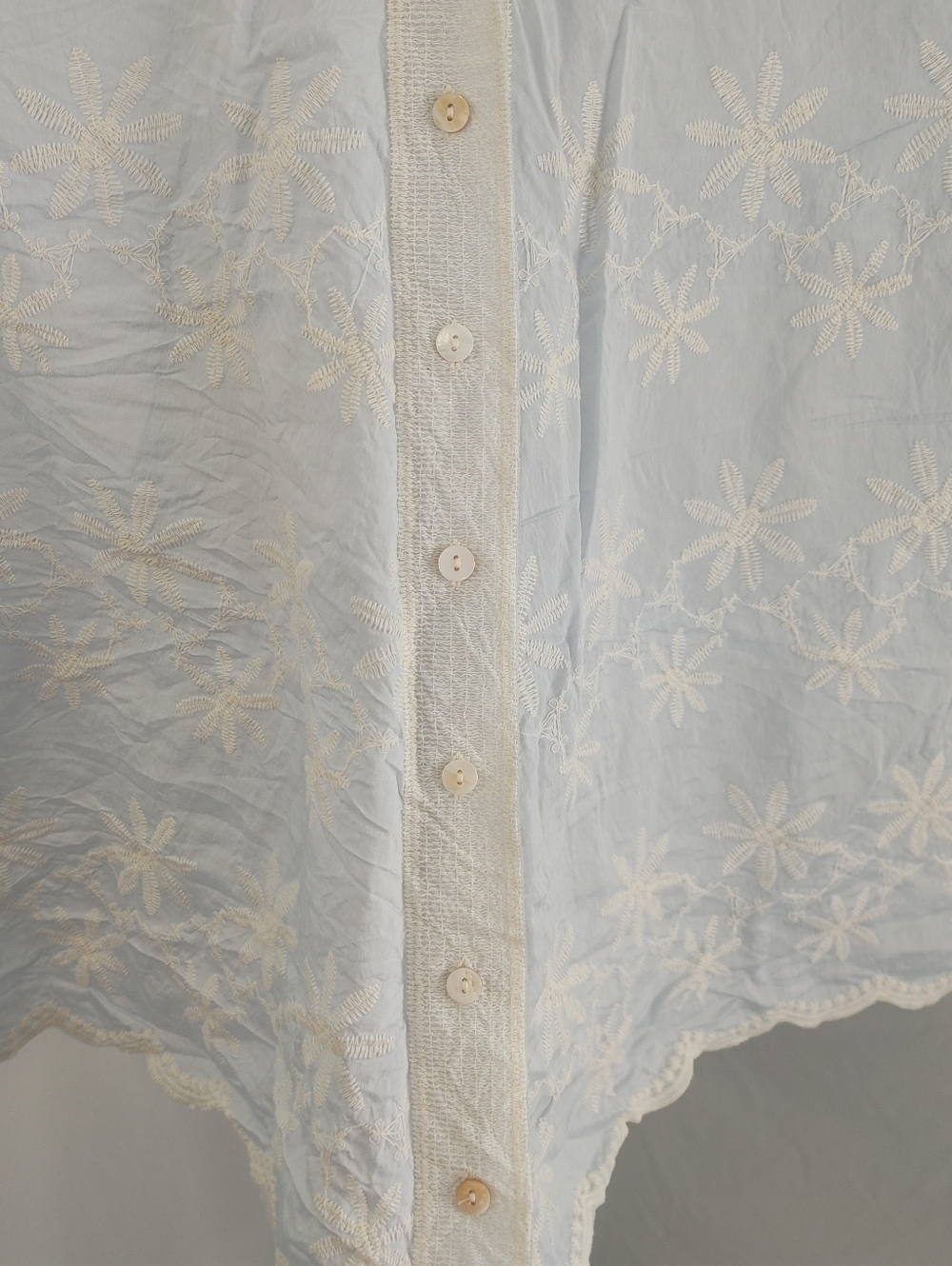 POL Embroidered Floral Blouse Light Blue Lace Trim Button Front Boho Top OS - Picture 4 of 14